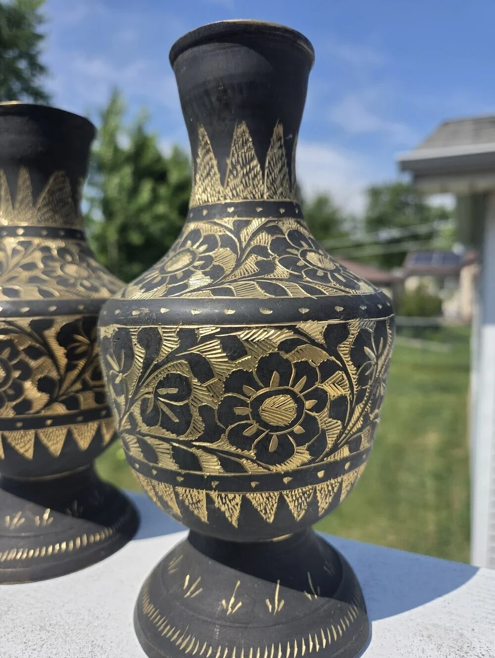 Vintage MCM Indian Brass Etched Floral Vases, Black & Gold Enamel Set of 2